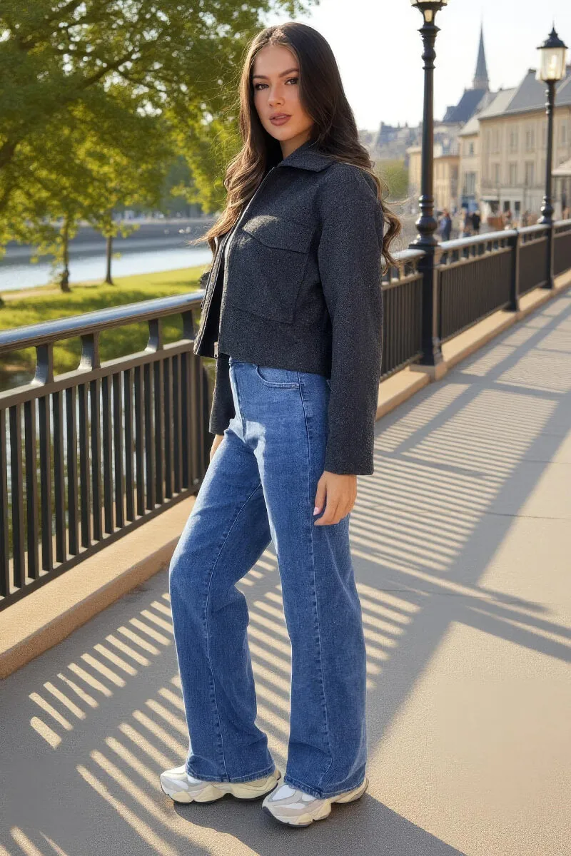 Dark Grey Marl Zip Up Pocket Detail Boxy Jacket sold by AX Paris product image thumbnail 4