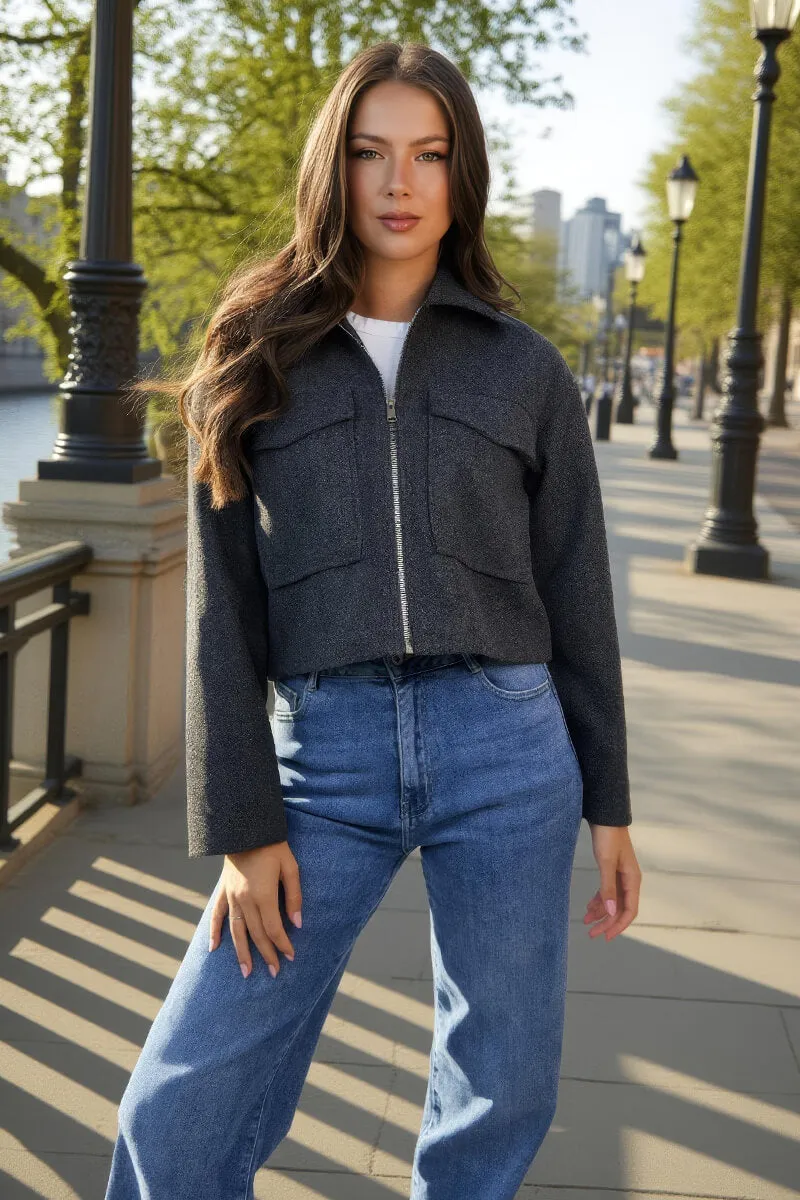 Dark Grey Marl Zip Up Pocket Detail Boxy Jacket sold by AX Paris