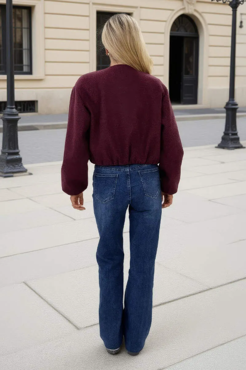 Burgundy Marl Bubble Hem Zip Up Bomber Jacket sold by AX Paris product image thumbnail 5