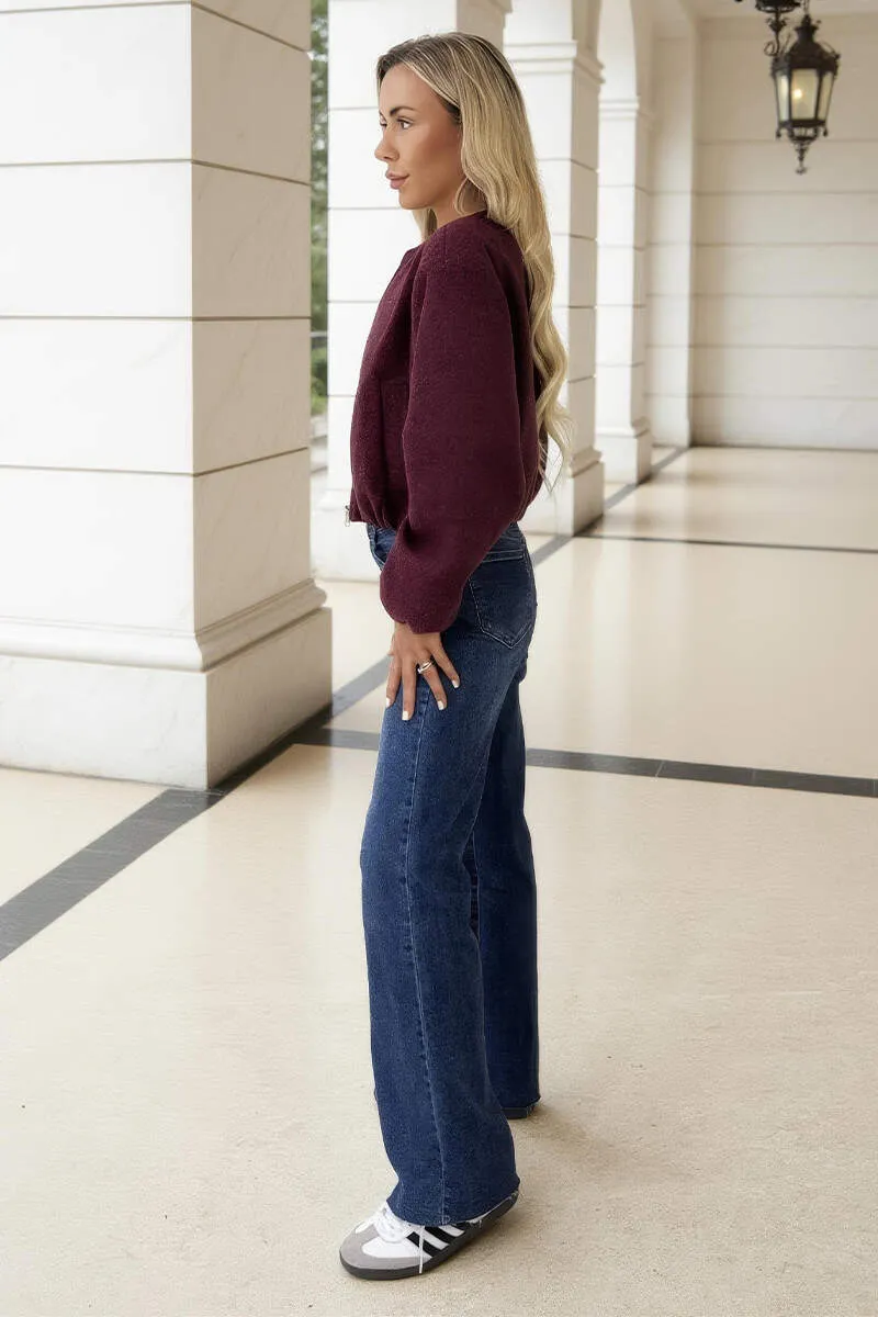 Burgundy Marl Bubble Hem Zip Up Bomber Jacket sold by AX Paris product image thumbnail 4