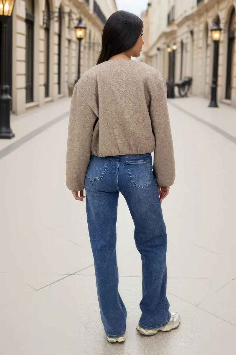 Mocha Marl Bubble Hem Zip Up Bomber Jacket sold by AX Paris product image thumbnail 5