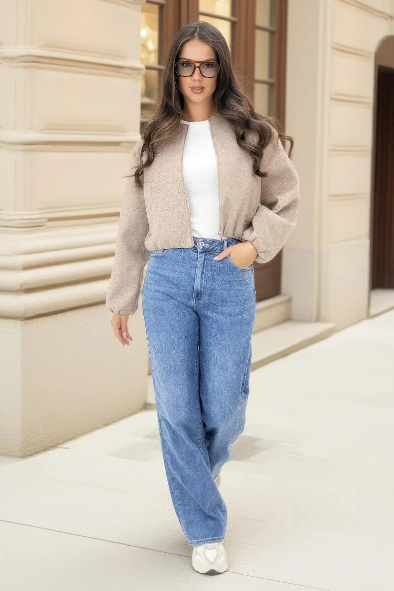 Mocha Marl Bubble Hem Zip Up Bomber Jacket sold by AX Paris product image thumbnail 2