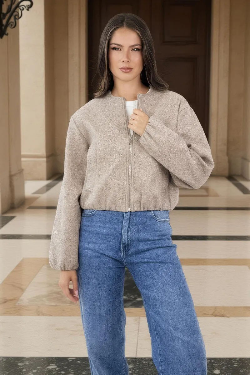 Mocha Marl Bubble Hem Zip Up Bomber Jacket sold by AX Paris product image thumbnail 3