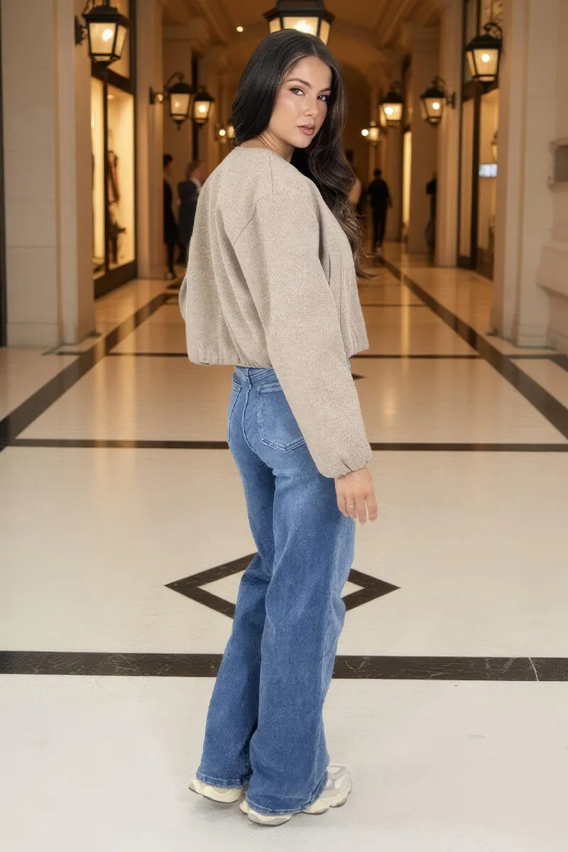 Mocha Marl Bubble Hem Zip Up Bomber Jacket sold by AX Paris product image thumbnail 4