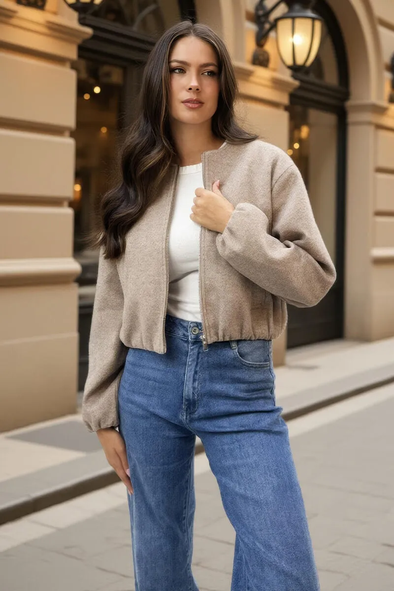 Mocha Marl Bubble Hem Zip Up Bomber Jacket sold by AX Paris