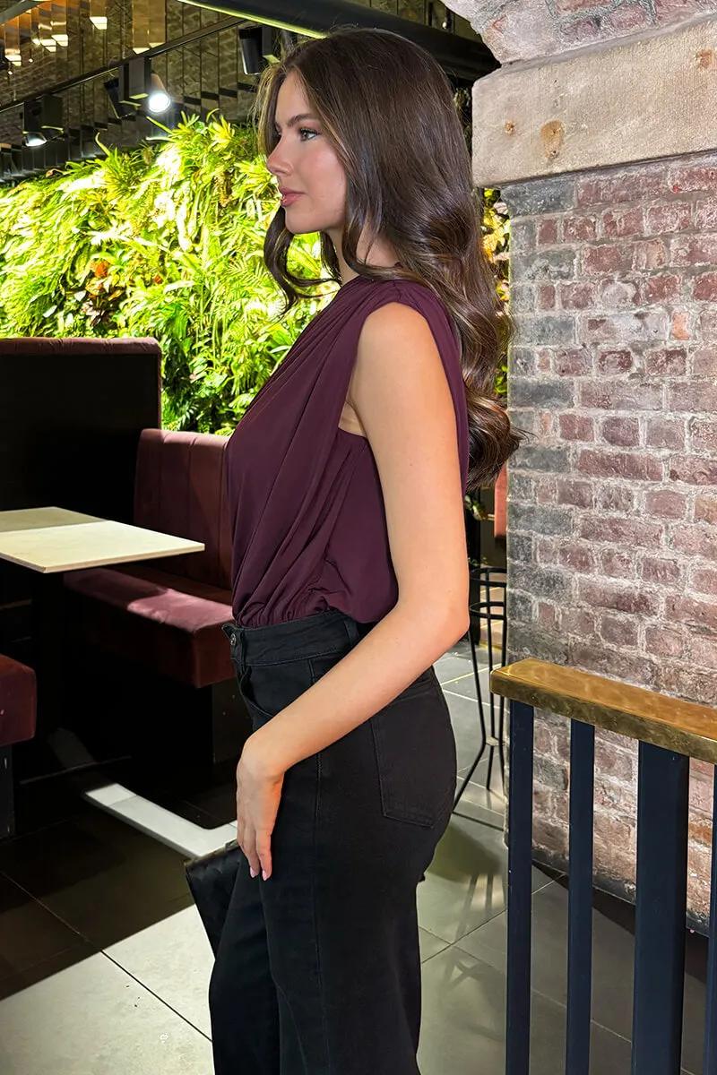 Dark Plum Off The Shoulder Draped Bodysuit sold by AX Paris product image thumbnail 4