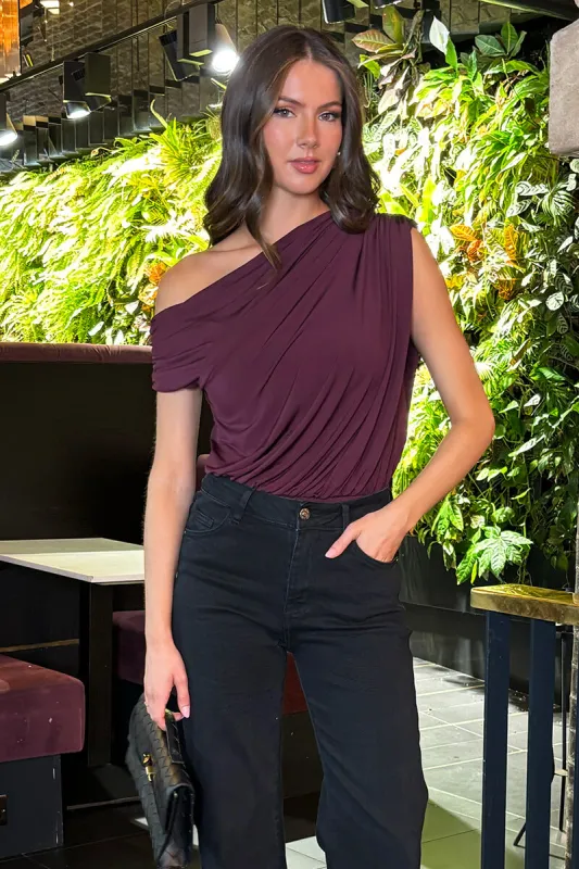 Dark Plum Off The Shoulder Draped Bodysuit sold by AX Paris