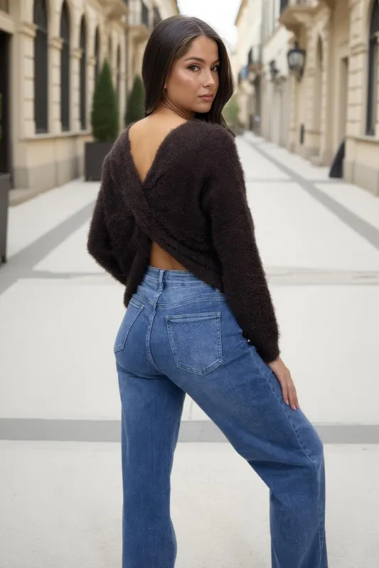 Chocolate Fluffy Knit Twist Detail Jumper sold by AX Paris