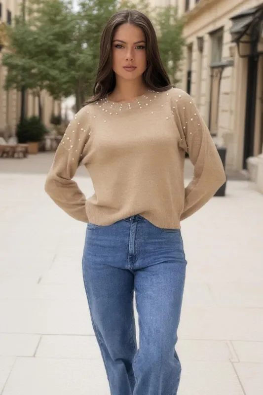 Oatmeal Pearl Embellished Crew Neck Jumper sold by AX Paris