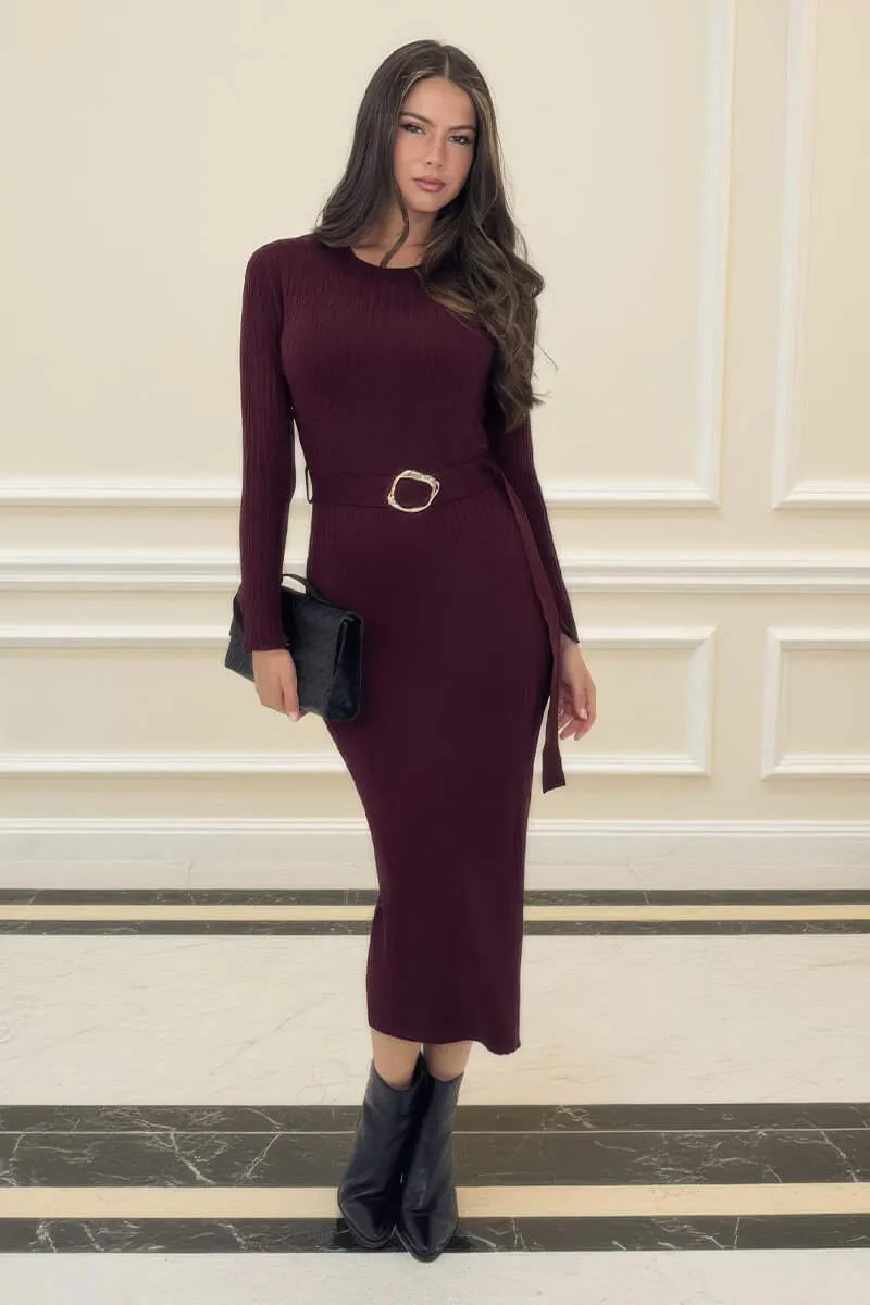 Burgundy Rib Knit Gold Buckle Detail Midi Dress sold by AX Paris product image thumbnail 3