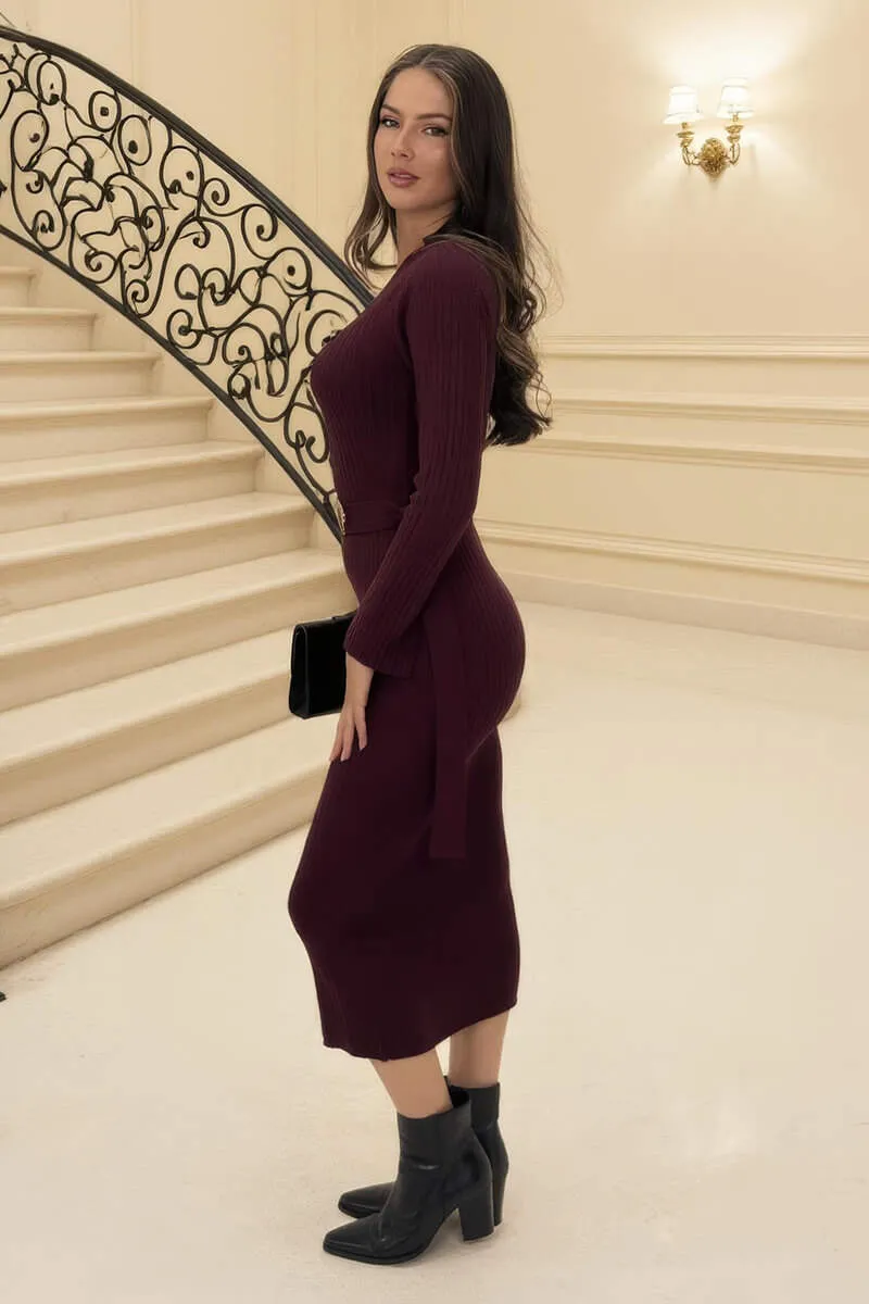 Burgundy Rib Knit Gold Buckle Detail Midi Dress sold by AX Paris product image thumbnail 4