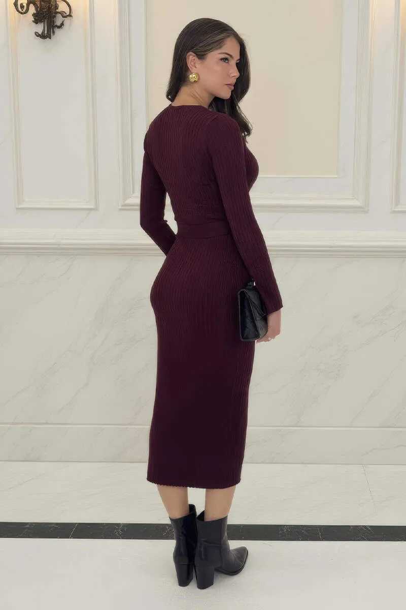 Burgundy Rib Knit Gold Buckle Detail Midi Dress sold by AX Paris product image thumbnail 5