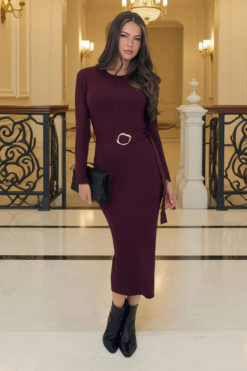 Burgundy Rib Knit Gold Buckle Detail Midi Dress sold by AX Paris product image thumbnail 2