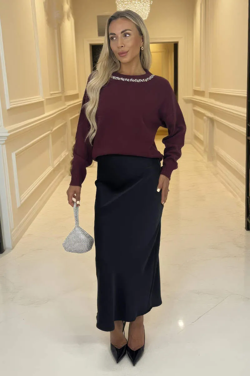 Burgundy Jewel Embellished Neck Jumper sold by AX Paris product image thumbnail 4