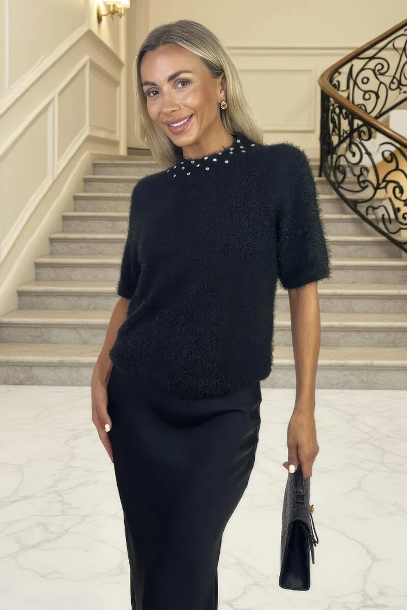 Black Embellished Neck Fluffy Knit Top sold by AX Paris product image thumbnail 3