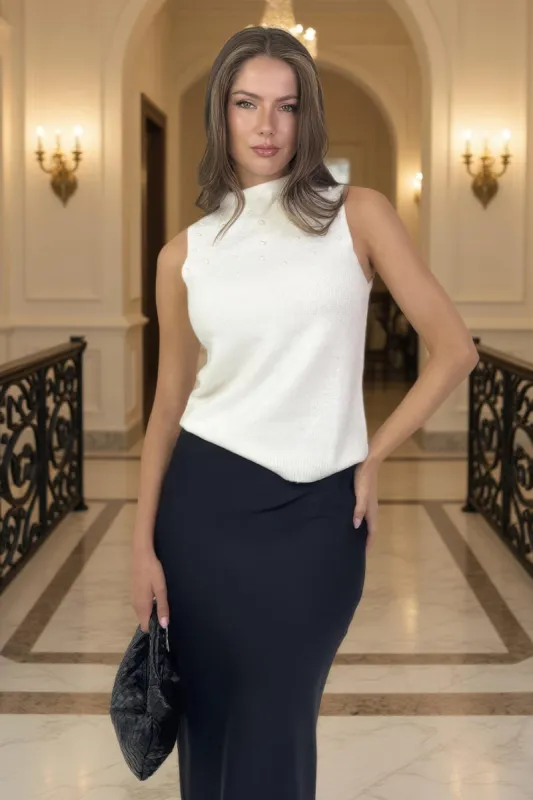 Cream Pearl Embellished High Neck Knit Vest sold by AX Paris