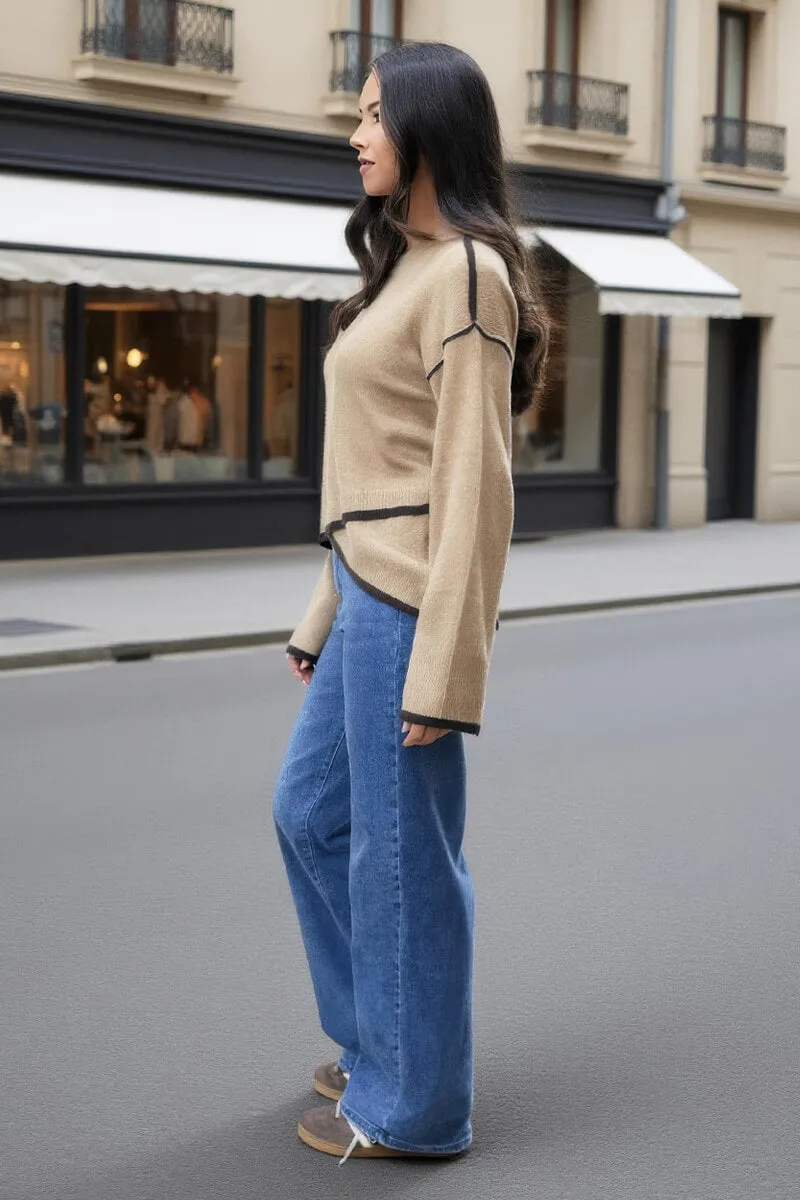 Oatmeal Contrast Piping Crew Neck Jumper sold by AX Paris product image thumbnail 4