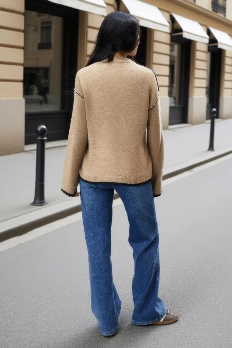 Oatmeal Contrast Piping Crew Neck Jumper sold by AX Paris product image thumbnail 5