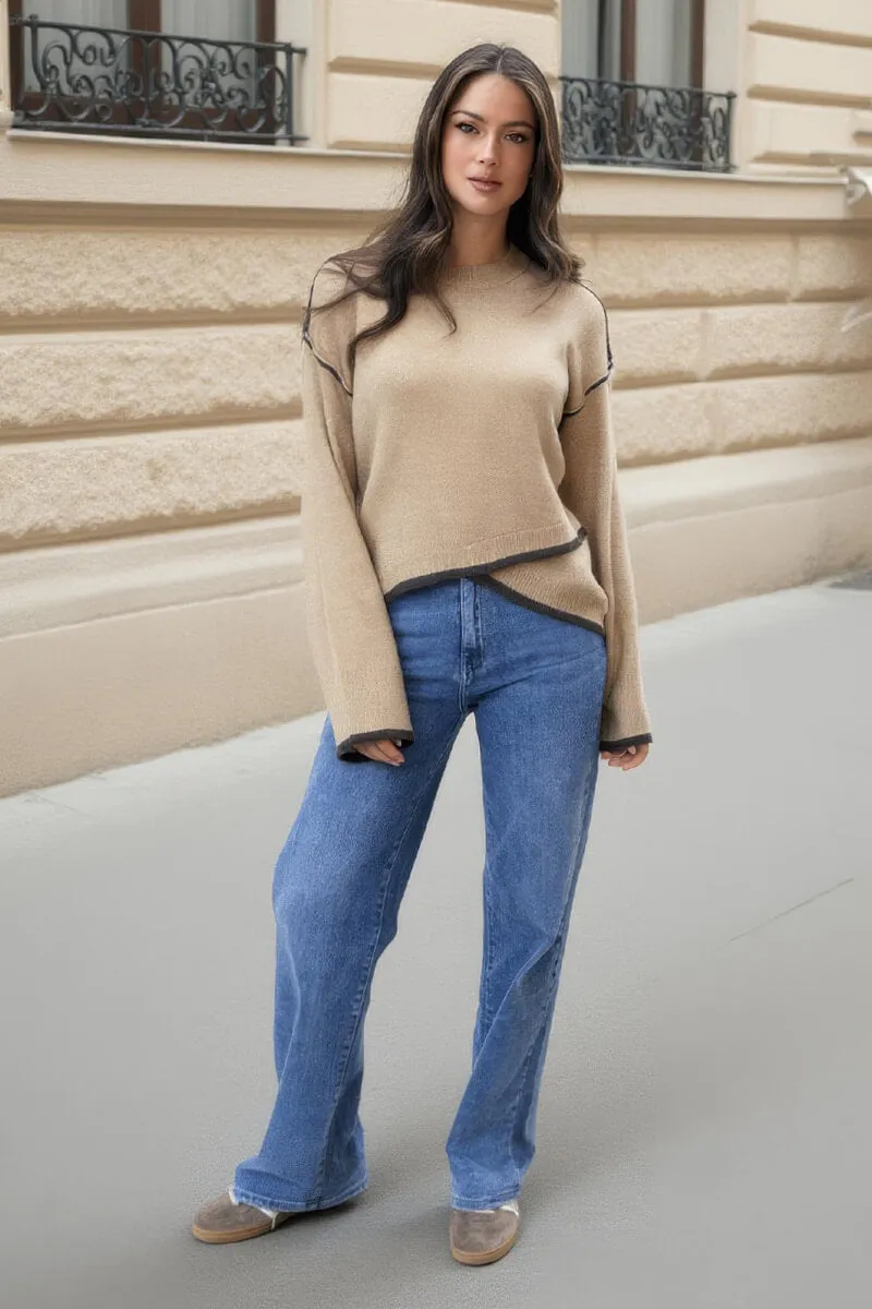 Oatmeal Contrast Piping Crew Neck Jumper sold by AX Paris product image thumbnail 2