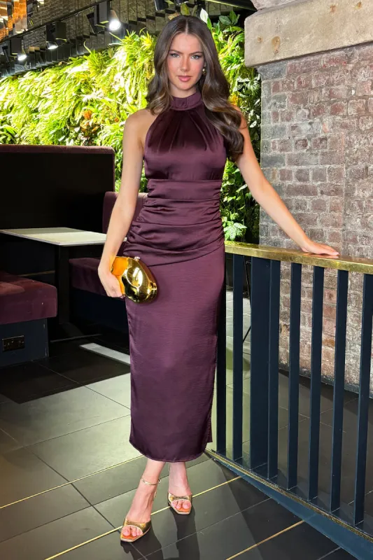 Dark Plum Halter Neck Draped Waist Midi Dress sold by AX Paris