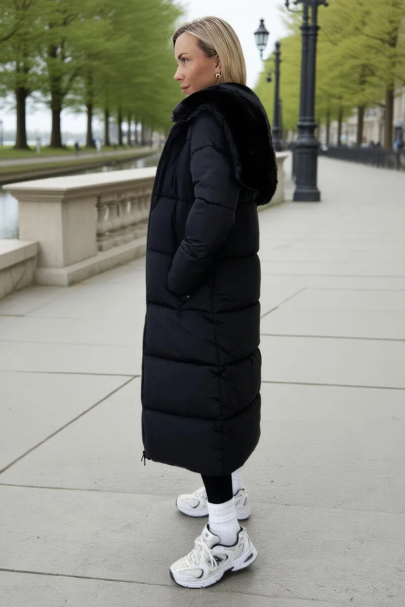 Black Split Hood Longline Puffer Coat sold by AX Paris product image thumbnail 4