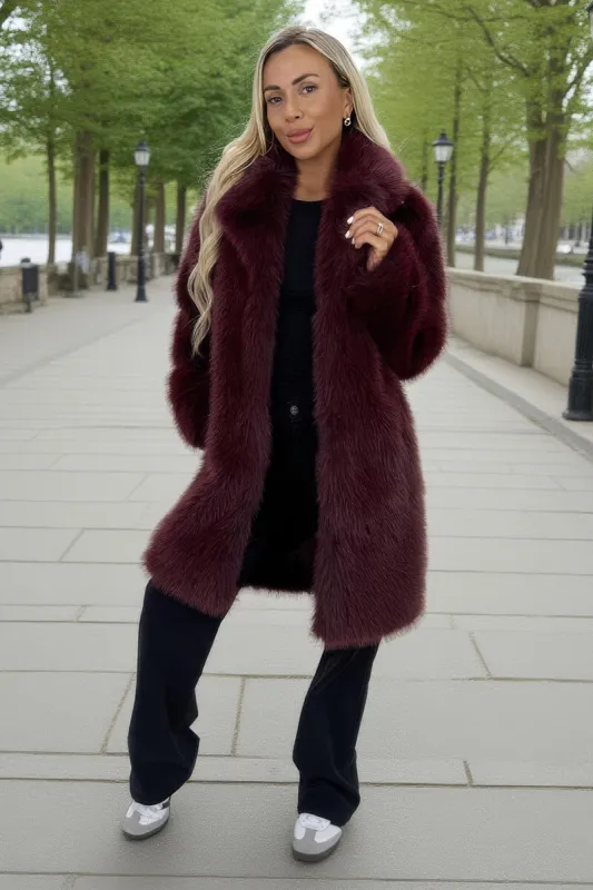 Burgundy Faux Fur Longline Jacket sold by AX Paris