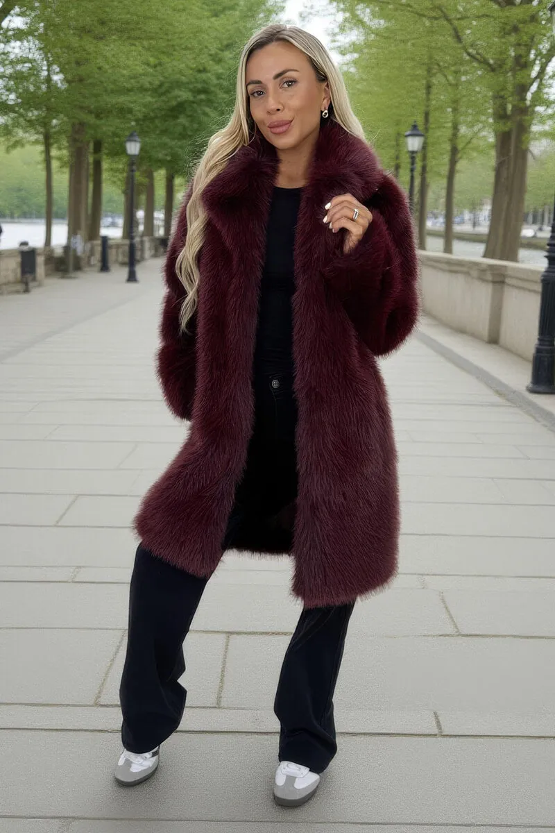 Burgundy Faux Fur Longline Jacket sold by AX Paris
