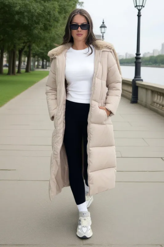 Cream Split Hood Longline Puffer Coat sold by AX Paris