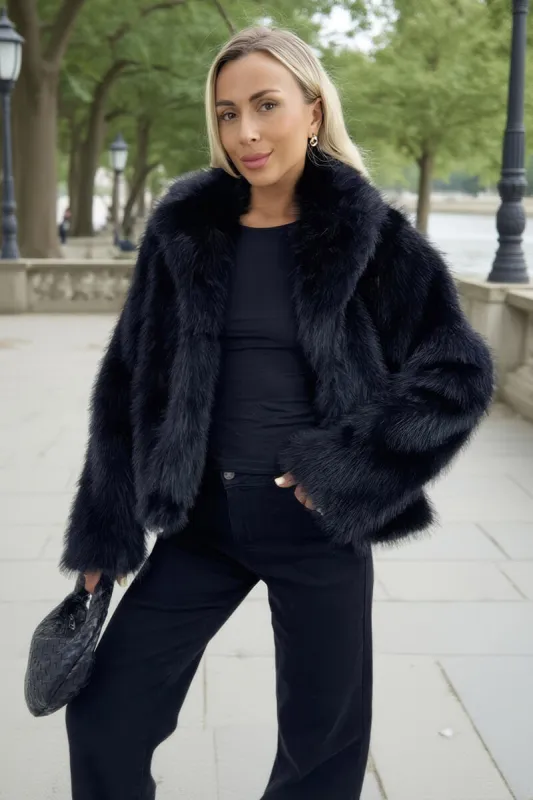 Black Faux Fur Short Jacket sold by AX Paris