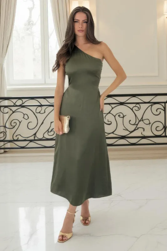 Olive One Shoulder Open Back Twist Detail Midi Dress sold by AX Paris