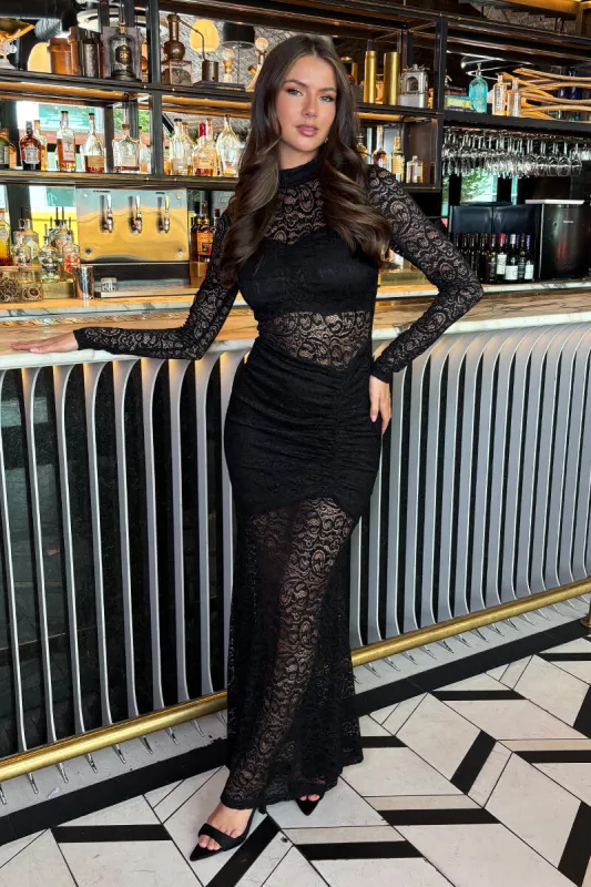 Black Lace Overlay Long Sleeve Fishtail Midi Dress sold by AX Paris