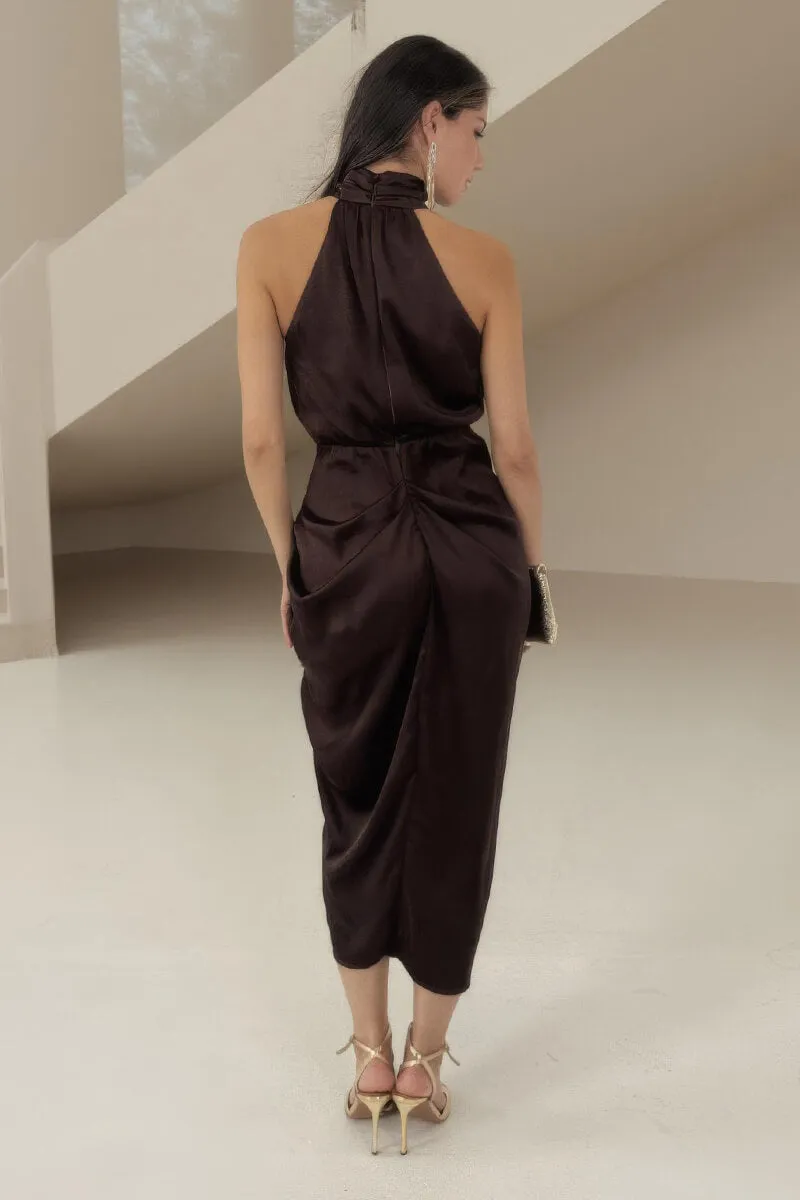 Chocolate Halter Neck Gathered Skirt Midi Dress sold by AX Paris product image thumbnail 5