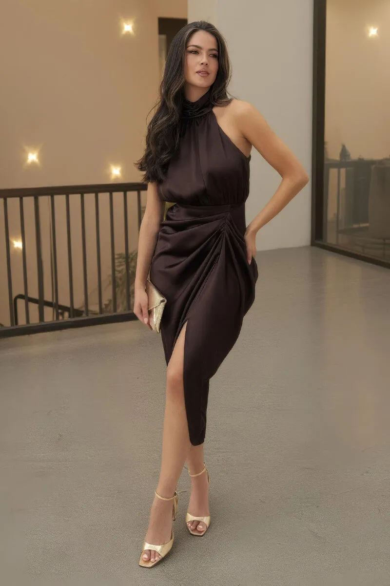 Chocolate Halter Neck Gathered Skirt Midi Dress sold by AX Paris product image thumbnail 3