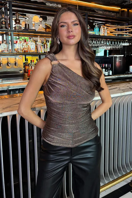 Bronze Sparkle One Shoulder Ring Detail Ruched Top sold by AX Paris