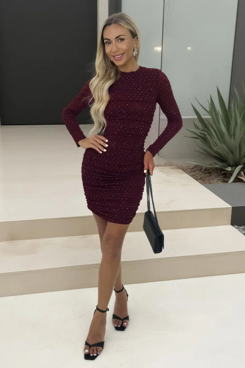 Plum Jacquard Diamante Long Sleeve Ruched Mini Dress sold by AX Paris product image thumbnail 2