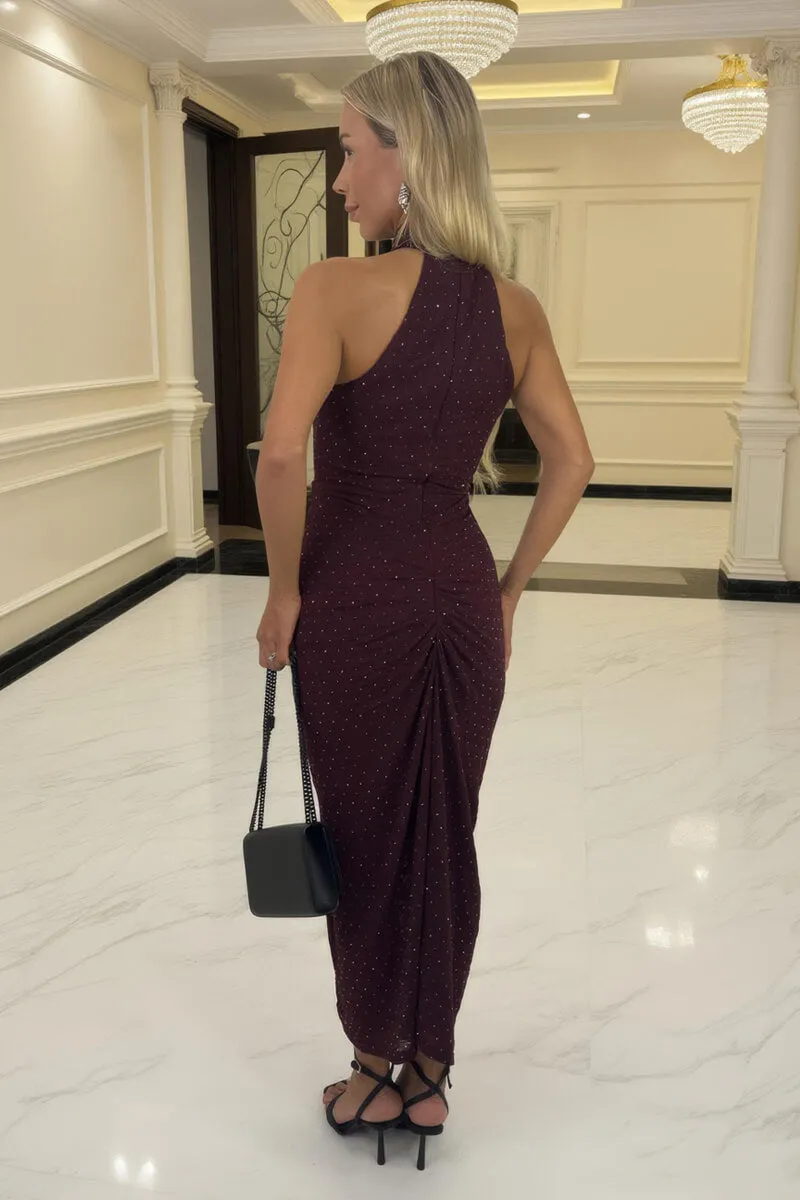 Plum Jacquard Diamante Halter Neck Knot Skirt Midi Dress sold by AX Paris product image thumbnail 5