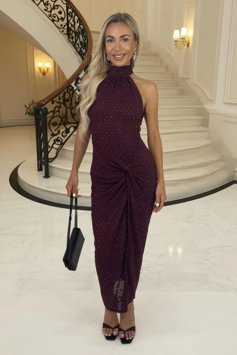 Plum Jacquard Diamante Halter Neck Knot Skirt Midi Dress sold by AX Paris product image thumbnail 3