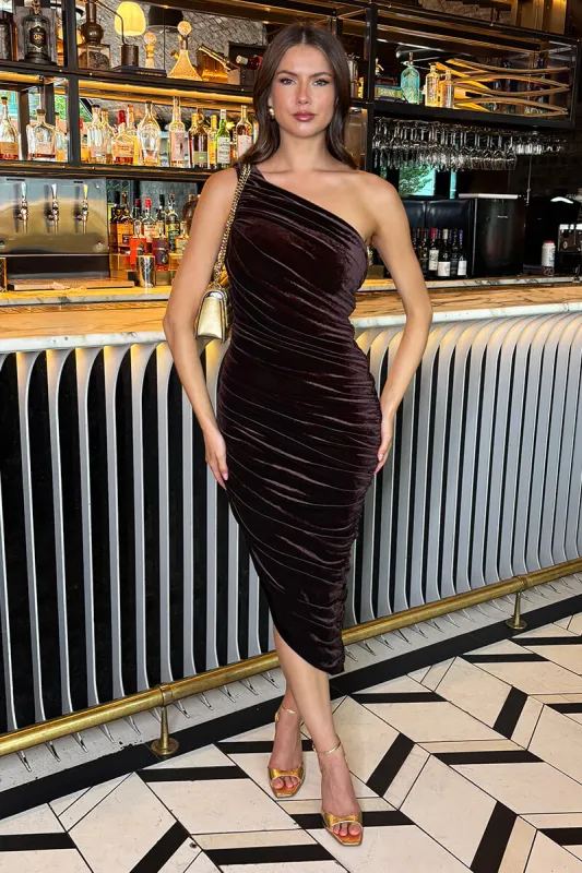 Chocolate Velvet One Shoulder Ruched Midi Dress sold by AX Paris