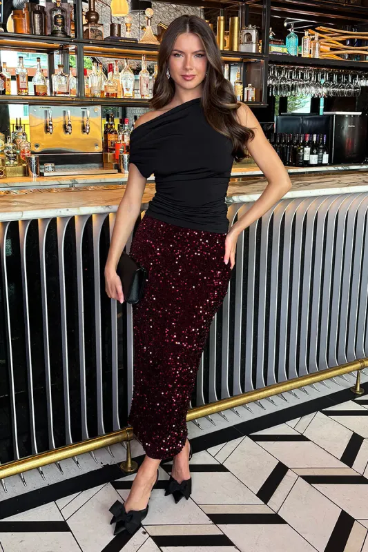 Wine Velvet Sequin Midi Skirt sold by AX Paris