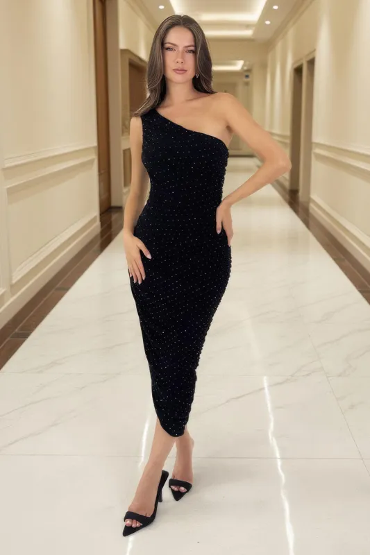 Black Diamante Sparkle One Shoulder Ruched Midi Dress sold by AX Paris