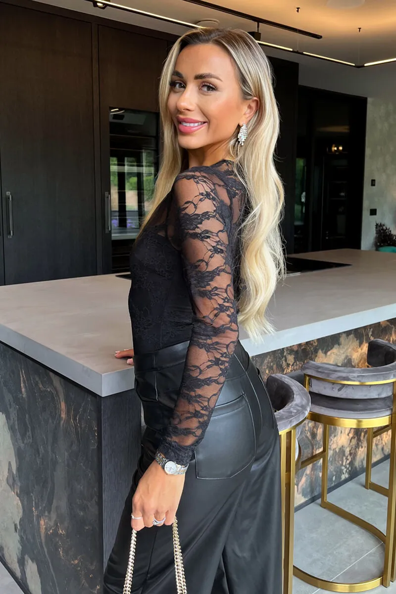 Black Lace Overlay Long Sleeve Bodysuit sold by AX Paris product image thumbnail 4