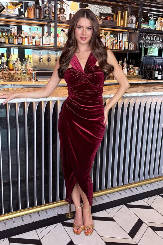 Wine Velvet Knot Detail Wrap Skirt Midi Dress sold by AX Paris