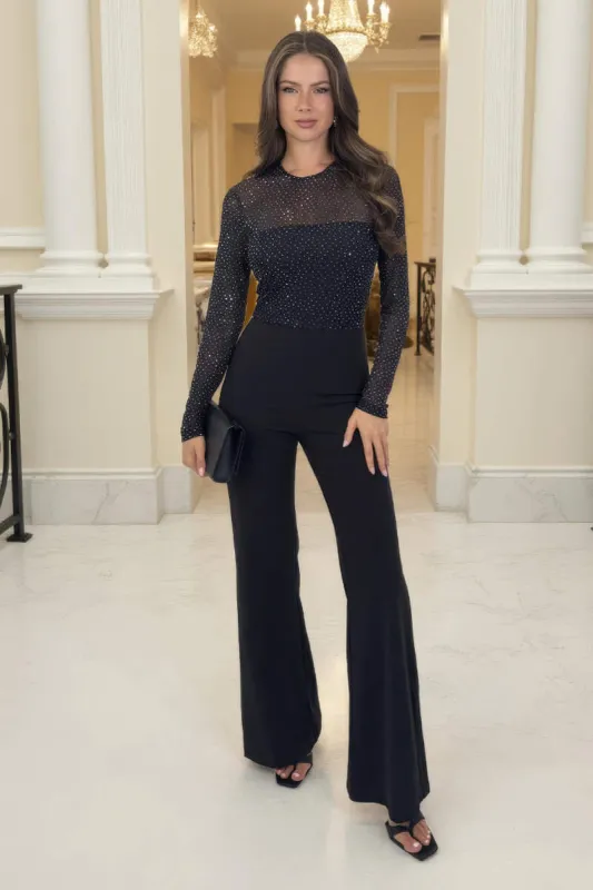 Black Diamante Mesh 2 in 1 Wide Leg Jumpsuit sold by AX Paris