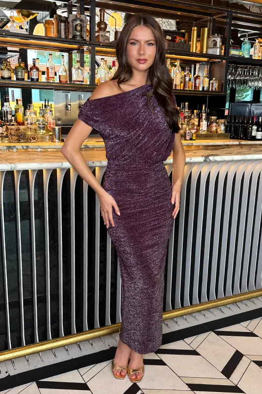 Plum Sparkle Off The Shoulder Draped Top Midi Dress sold by AX Paris