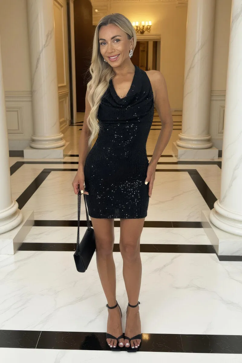 Black Sequin Halter Cowl Neck Mini Dress sold by AX Paris product image thumbnail 2