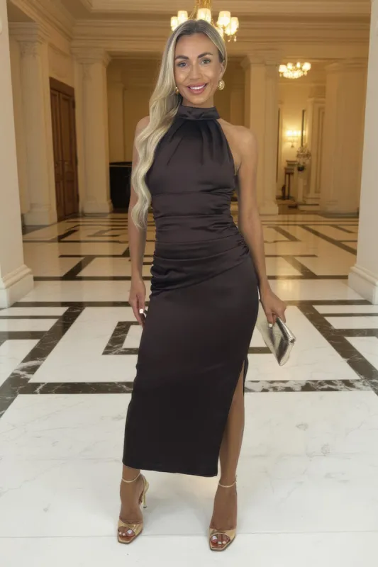 Chocolate Halter Neck Draped Waist Midi Dress sold by AX Paris