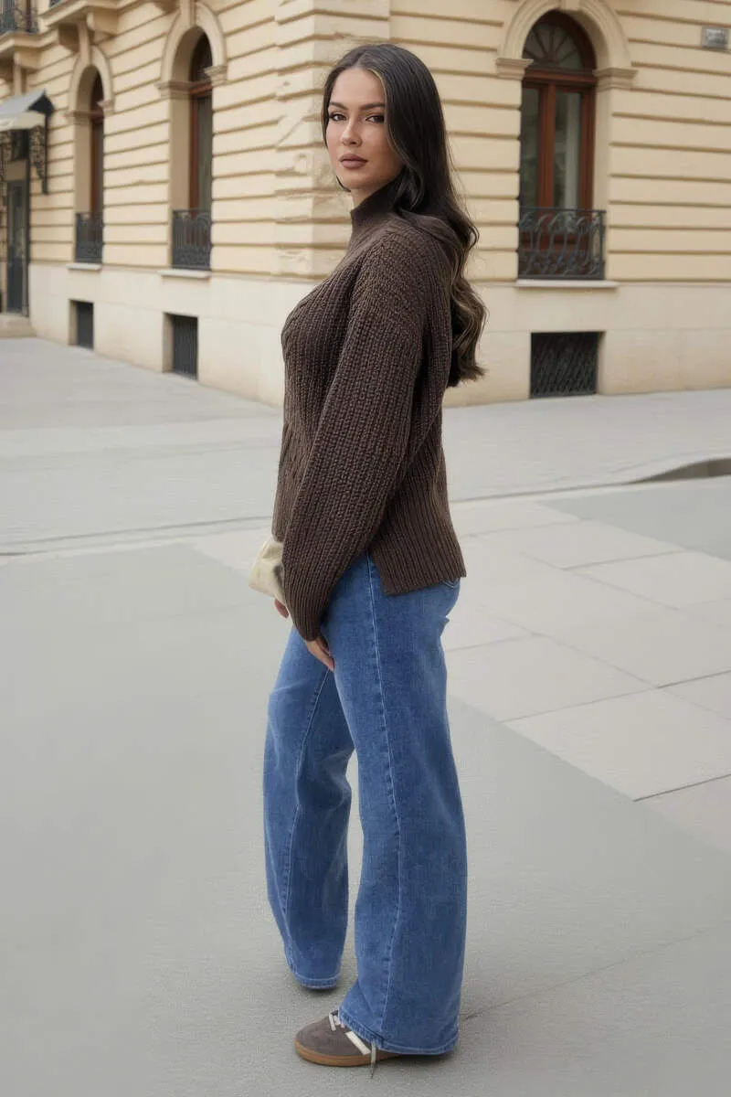 Chocolate Mock Neck Cable Knit Jumper sold by AX Paris product image thumbnail 4