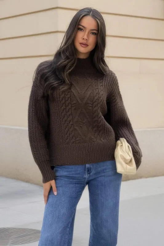Chocolate Mock Neck Cable Knit Jumper sold by AX Paris