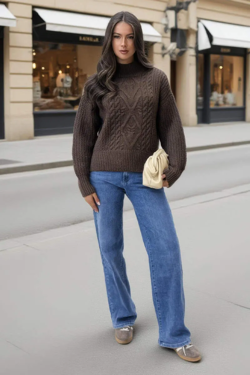 Chocolate Mock Neck Cable Knit Jumper sold by AX Paris product image thumbnail 3