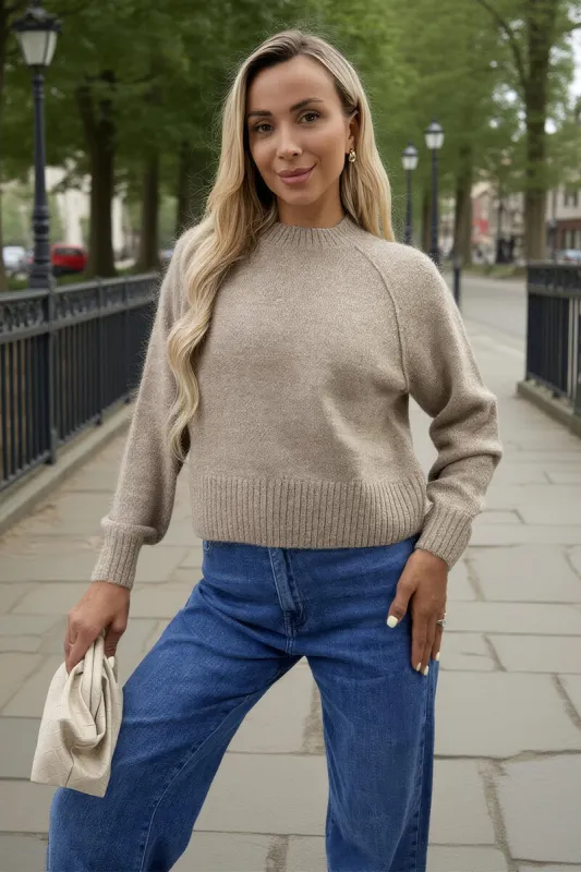 Oatmeal Mock Neck Seam Detail Jumper sold by AX Paris